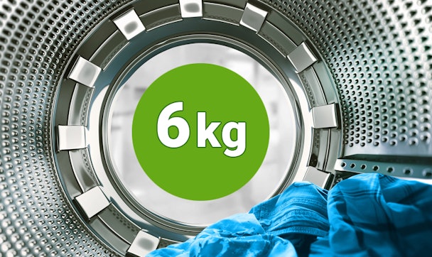 Kleine wasmachines hebben een trommel met 6 kg vulgewicht.