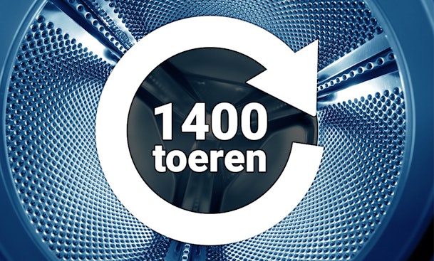 Bij een wasmachine met 1400 toeren draait de trommel tijdens het centrifugeren 1400 keer per minuut.