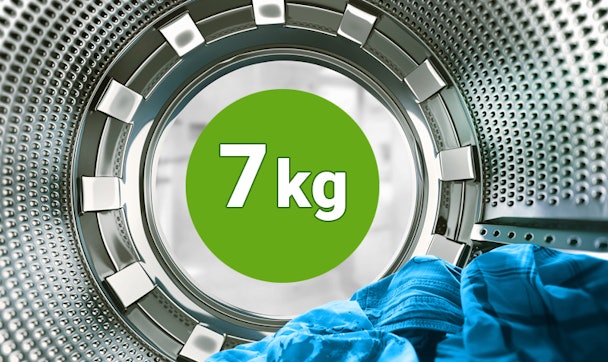 Wasmachine met een trommel met 7 kilo vulgewicht.