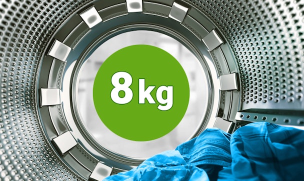 Wasmachine met een trommel met 8 kilo vulgewicht.